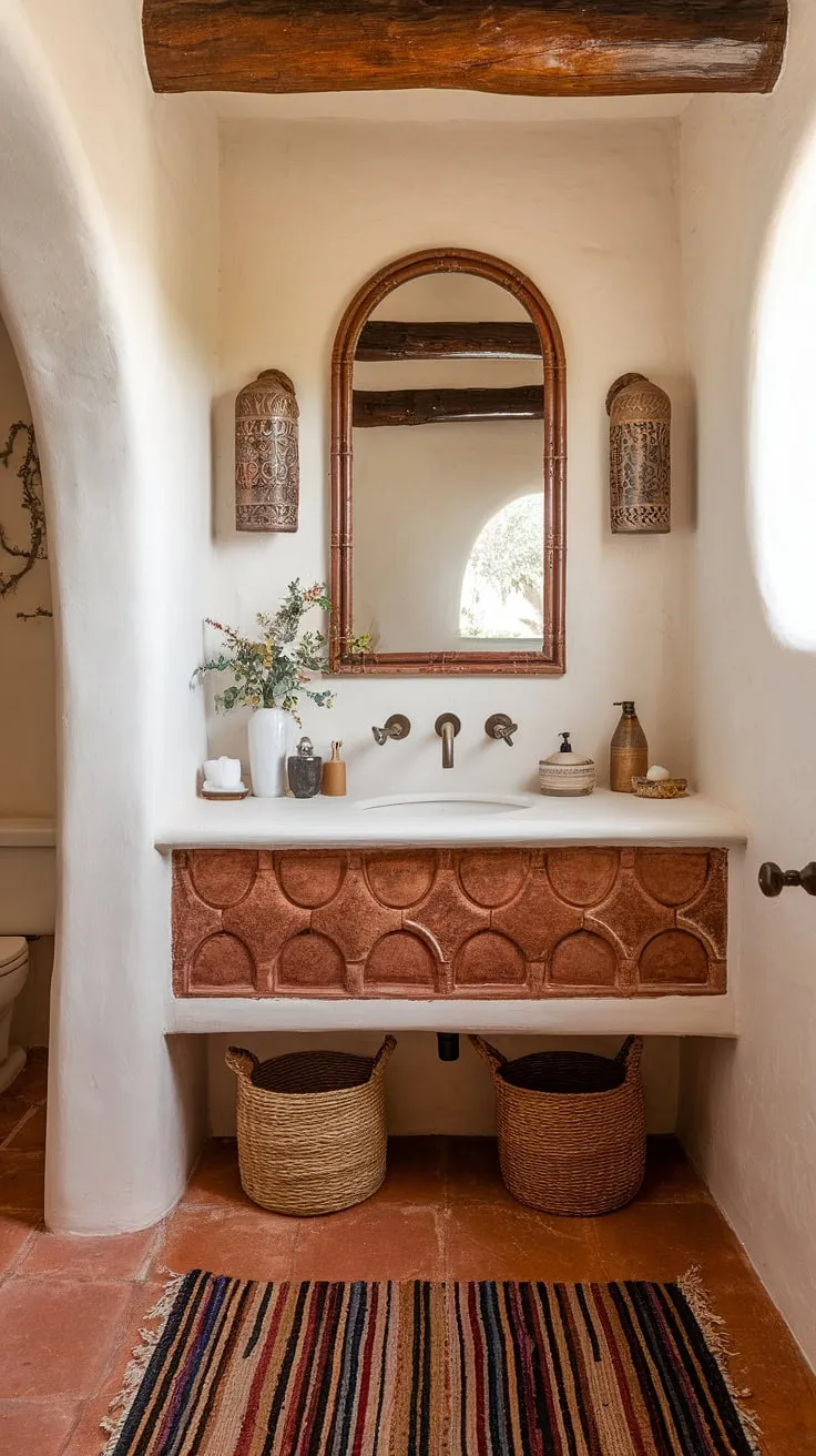 This southwestern bathroom boasts a captivating blend of bohemian and Spanish styles. The terracotta accents and handcrafted vanity create a warm, inviting atmosphere, reminiscent of a luxurious Mexican hacienda. A testament to effortless elegance.