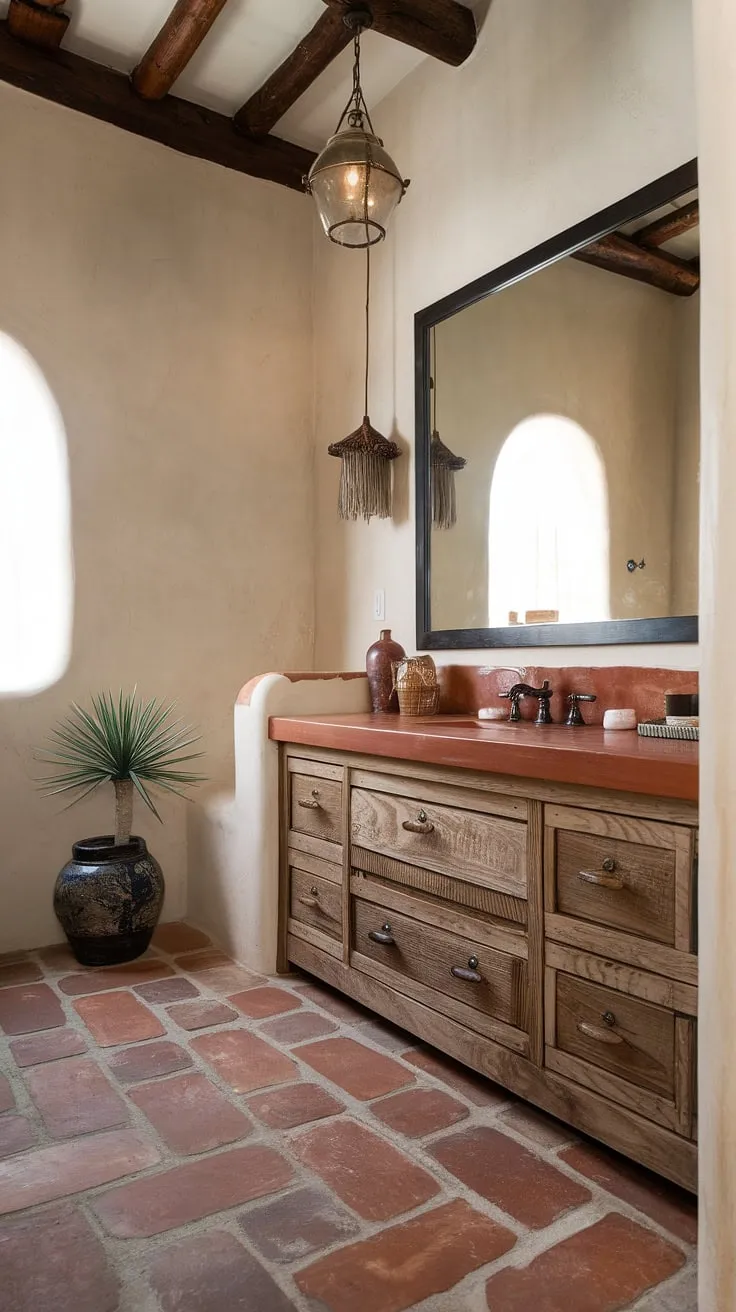 Sun-drenched terracotta floors and a handcrafted wooden vanity create a tranquil Southwestern escape. The bohemian spirit shines through in every detail, from the hanging light fixture to the vibrant potted plant, offering a sanctuary where Spanish and Mexican influences blend seamlessly. A perfect blend of rustic charm and modern comfort.