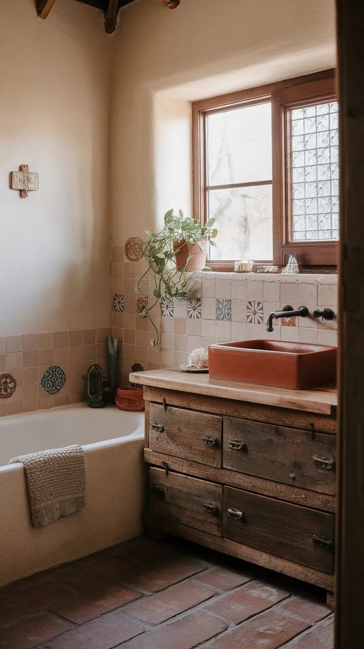 Sun-drenched terracotta tiles meet rustic wood in this Southwestern-inspired bathroom oasis. The handcrafted details, from the earthy sink to the vibrant tilework, create a tranquil escape where every element whispers of warmth and serenity. A perfect blend of boho charm and desert calm.