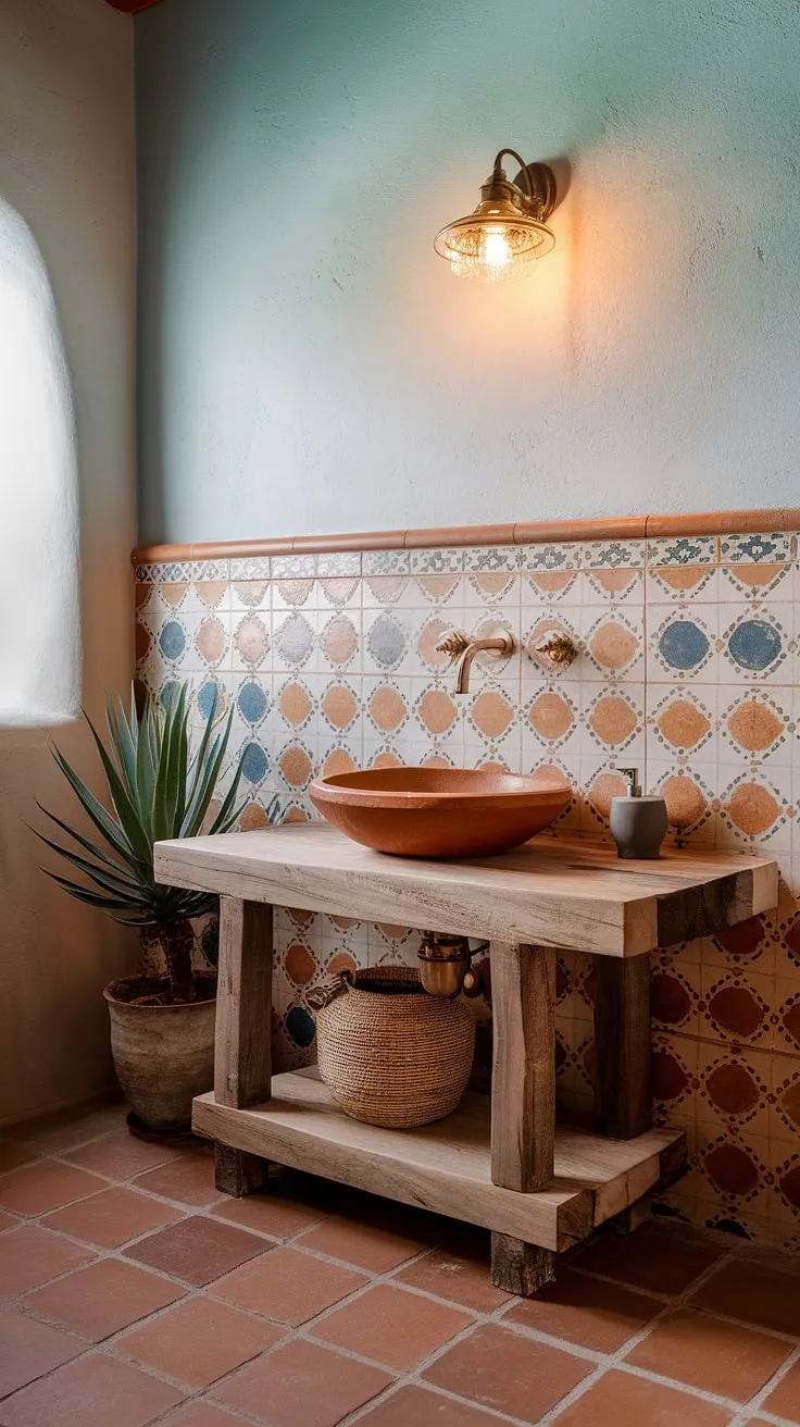 Sun-drenched mornings and Southwestern serenity. This boho bathroom vanity, complete with a terracotta bowl and nestled amongst vibrant tiles, is the perfect blend of rustic charm and modern comfort. The warm lighting and earthy tones create a tranquil oasis for self-care.
