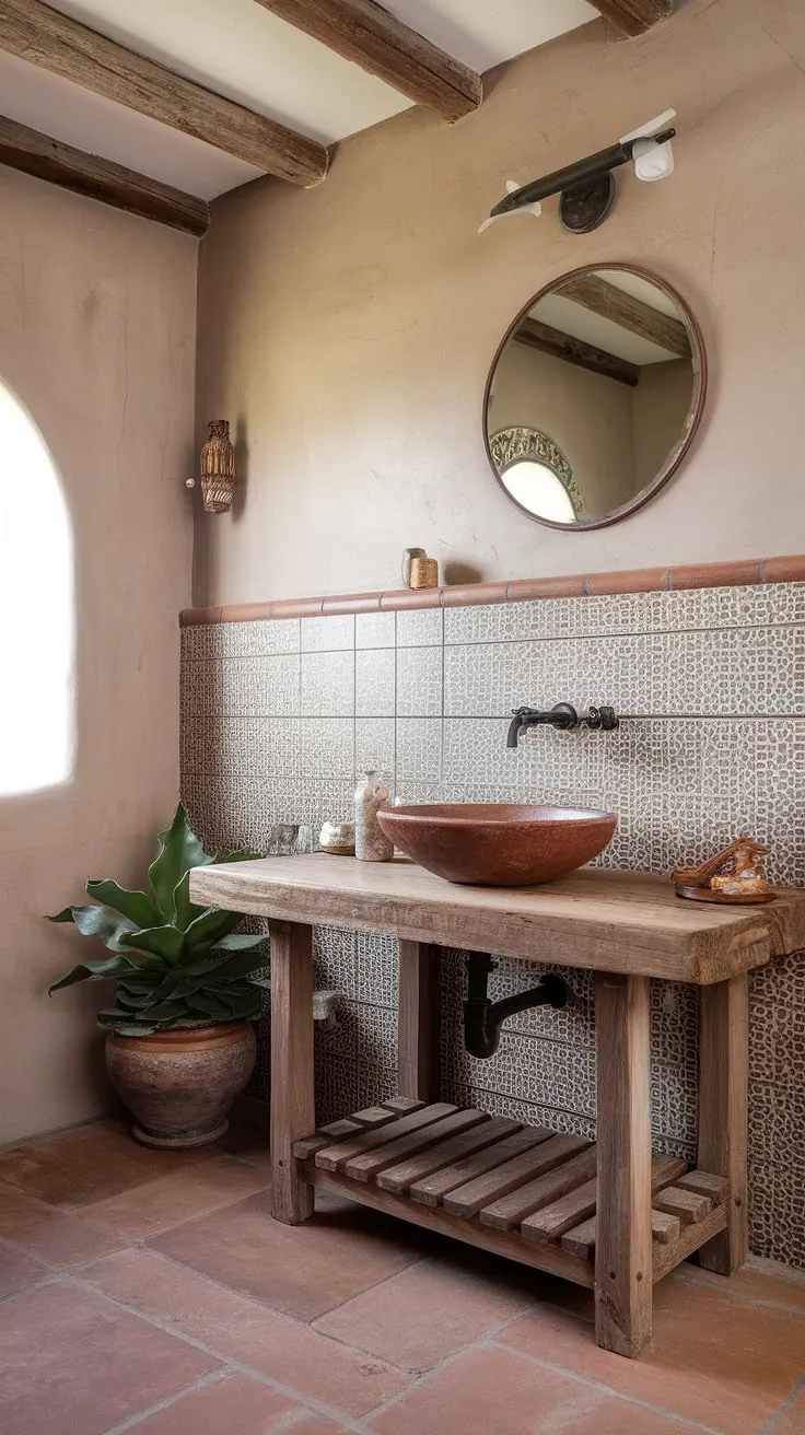 Sun-drenched mornings and earthy tones define this Southwestern sanctuary. The reclaimed wood vanity, terracotta bowl, and patterned tiles create a bohemian haven where rustic charm meets modern comfort. A perfect blend of textures and warmth.