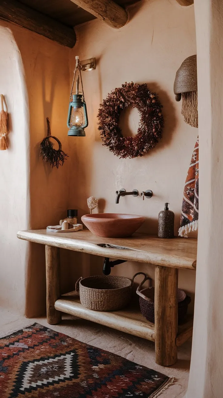 Escape to this tranquil Southwestern bathroom retreat. The warm tones, handcrafted details, and a artisan touches transform everyday routines into moments of peaceful self-care.