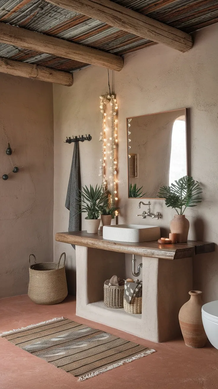 Sun-drenched mornings and desert sunsets reflected in this Southwestern boho bathroom. The terracotta floors, wooden beams, and curated details create a tranquil oasis where self-care meets earthy charm. A perfect blend of rustic textures and bohemian spirit.