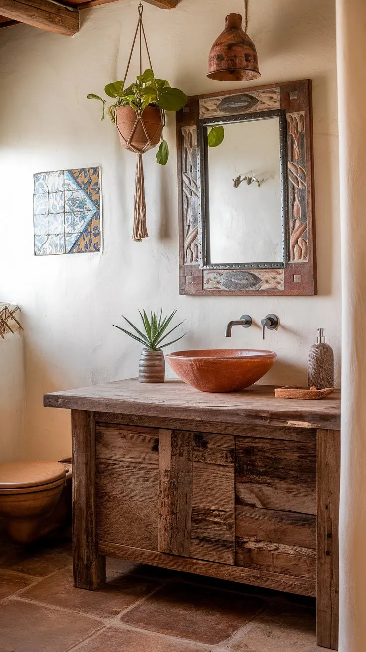 A blend of rustic charm and bohemian flair defines this Southwestern bathroom. The handcrafted details, from the reclaimed wood vanity to the unique wall art, create a space that's both inviting and effortlessly stylish. A perfect retreat.