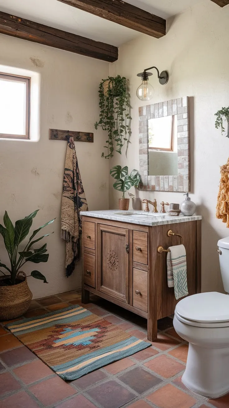 This boho bathroom blends Spanish charm with Southwestern warmth. The terracotta floors and hand-painted tile walls create a vibrant backdrop for the rustic wooden vanity and its marble countertop. Every detail, from the plants to the carefully chosen accessories, contributes to a serene and inviting atmosphere. A perfect blend of textures and styles.