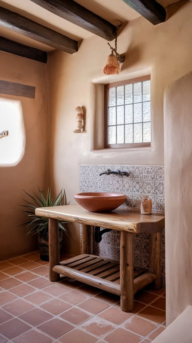 Sun-drenched mornings and Southwestern serenity. This bohemian bathroom, with its terracotta accents and handcrafted vanity, is a true escape. The intricate tilework and warm wood tones create a space that feels both luxurious and effortlessly relaxed.