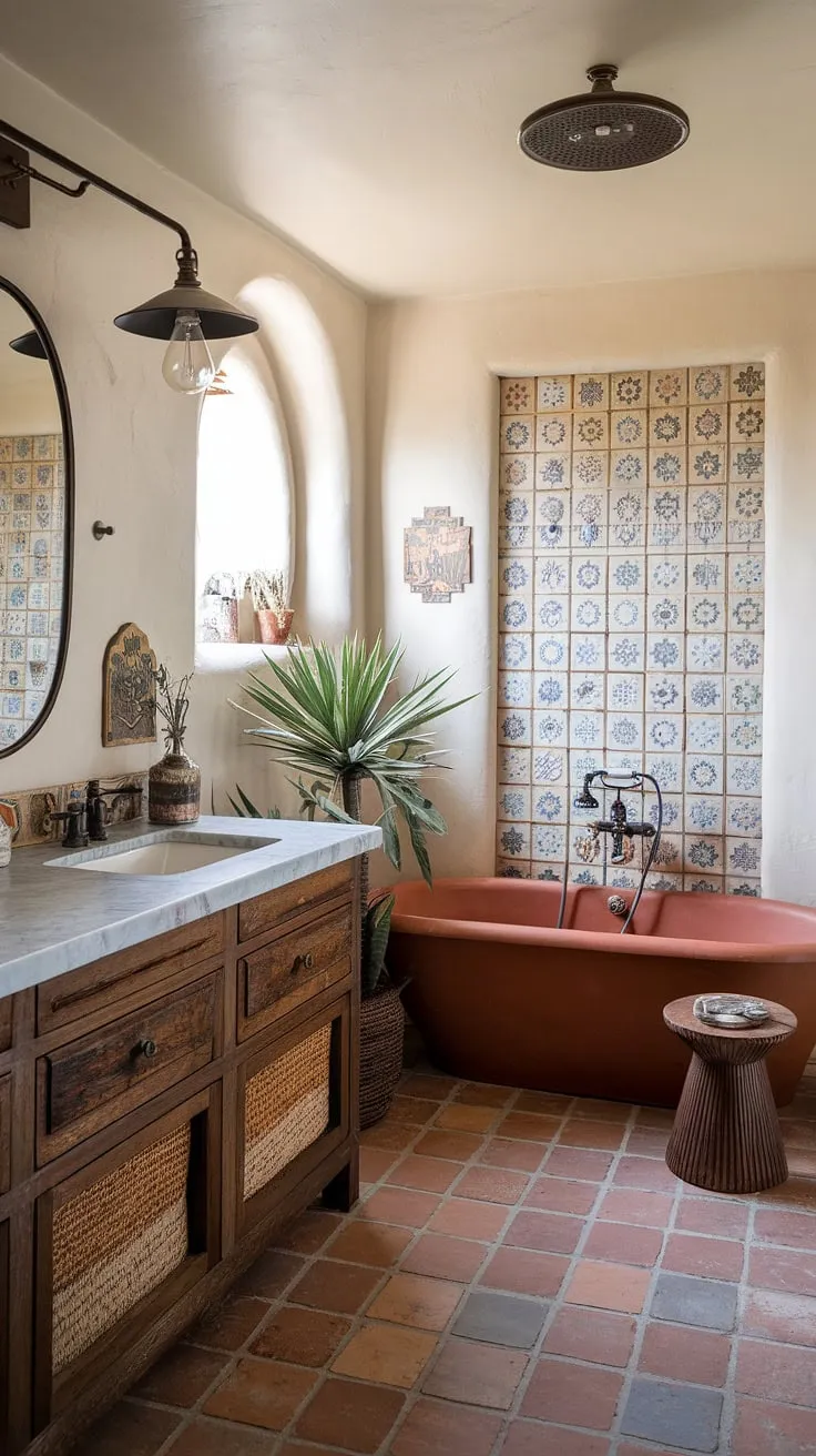 Escape to this bohemian oasis. A terracotta bathtub takes center stage in a bathroom brimming with Spanish-inspired tile, a handcrafted wooden vanity, and vintage lighting. The result? A space that's effortlessly chic and utterly captivating.