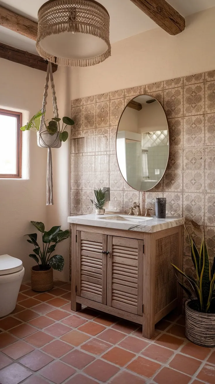 Sun-drenched mornings and peaceful evenings await in this boho-chic bathroom. The rich terracotta floors, Spanish-inspired tile, and a rustic wooden vanity with a marble top create a luxurious yet relaxed atmosphere. A macrame plant hanger adds a touch of bohemian flair, completing this Southwestern retreat.