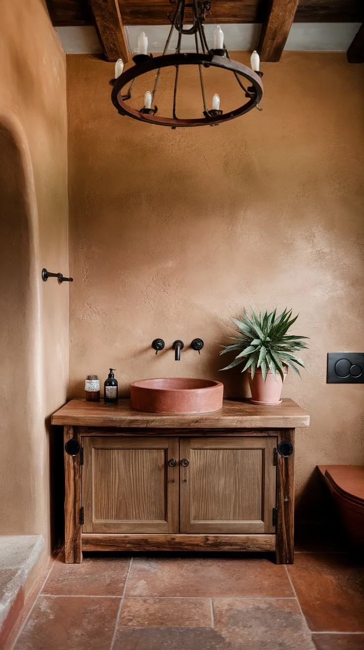 Escape to this bohemian oasis, where Spanish and Mexican influences blend seamlessly. The rustic chandelier, textured walls, and terracotta sink of this a bathroom vanity invite tranquility and a touch of desert magic.