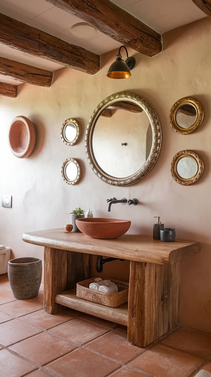Sun-drenched serenity in this Southwestern haven. The handcrafted wooden vanity, terracotta accents, and warm gold mirrors create a boho-chic escape, perfectly blending hacienda style with a touch of rustic Mexican charm. A true sanctuary for the soul.