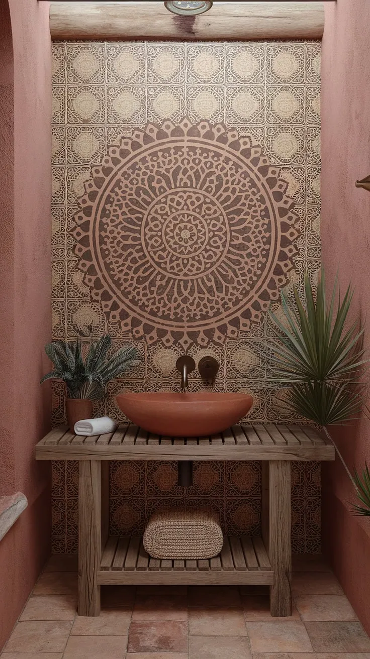 Sun-drenched serenity in this Southwestern sanctuary. The handcrafted wooden vanity, complete with a terracotta bowl, perfectly complements the earthy mandala-adorned walls and terracotta tile floor, creating a space that's both calming and vibrant. A touch of nature completes the scene.