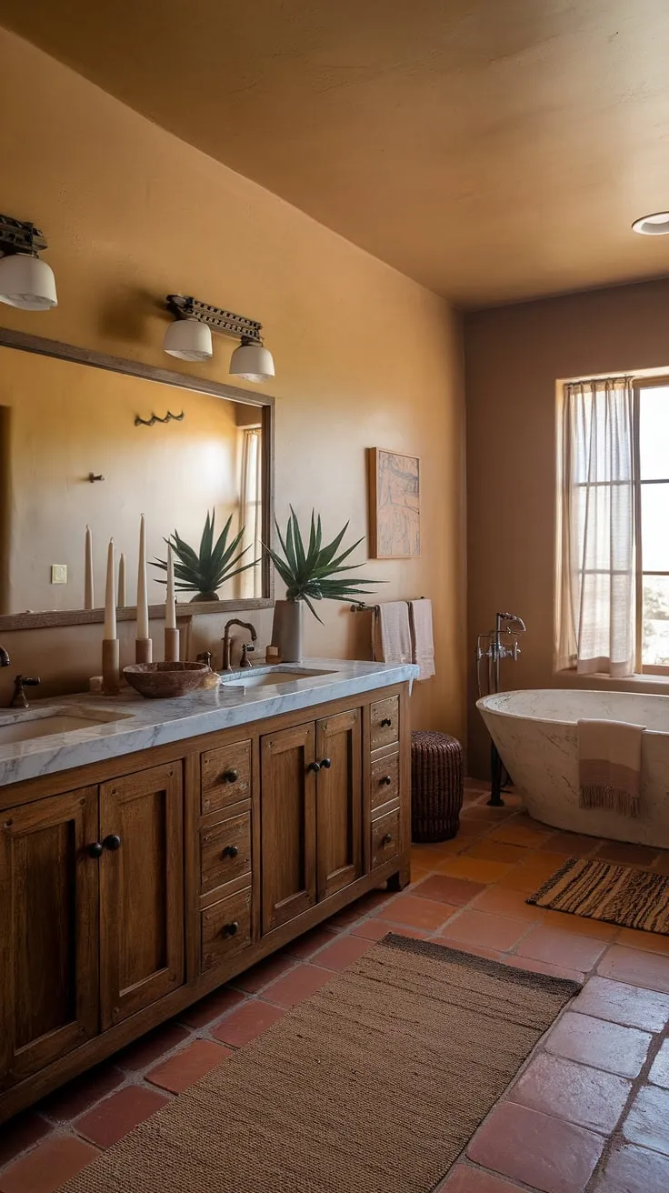 This boho bathroom is a sanctuary of calm. The earthy tones of the terracotta floor and beige walls are beautifully complemented by the rich wood of the vanity and the cool elegance of the marble. A freestanding tub and carefully chosen accents create a space that feels both inviting and luxurious.
