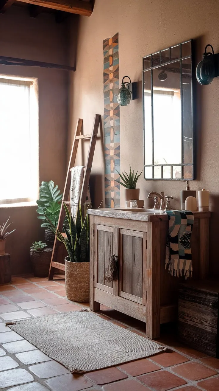 Sunlight streams through the window, illuminating the terracotta floor and rustic wooden vanity of this boho bathroom. The southwestern-inspired decor, complete with a vintage mirror and a thriving plant, creates a tranquil oasis for self-care. A wooden ladder adds a touch of rustic charm, perfectly complementing the unique wall pattern. This space is a testament to the beauty of natural materials and thoughtful design.