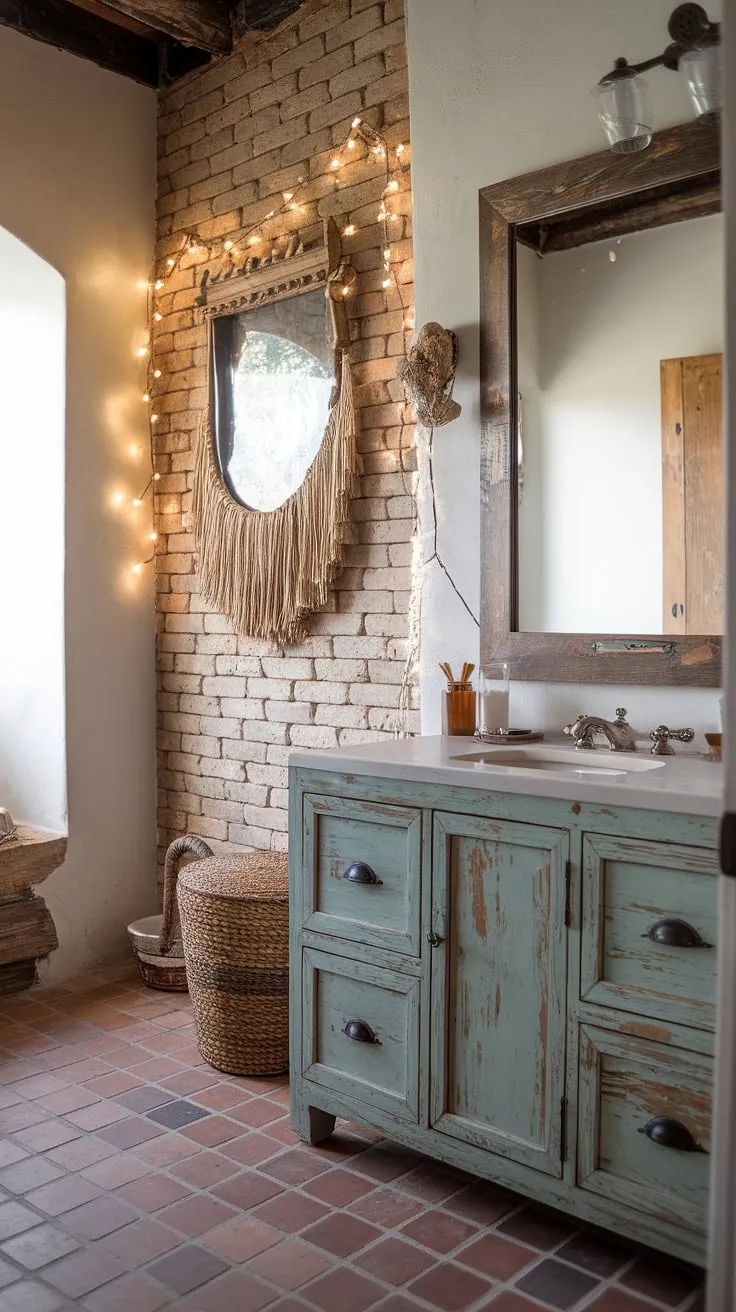 Escape to this tranquil bathroom retreat, where Spanish-inspired design meets Southern charm. The terracotta tiles underfoot, the aged vanity, and the soft glow of the string lights weave a spell of rustic elegance. The bohemian wall art adds a touch of personality to this perfectly imperfect space.