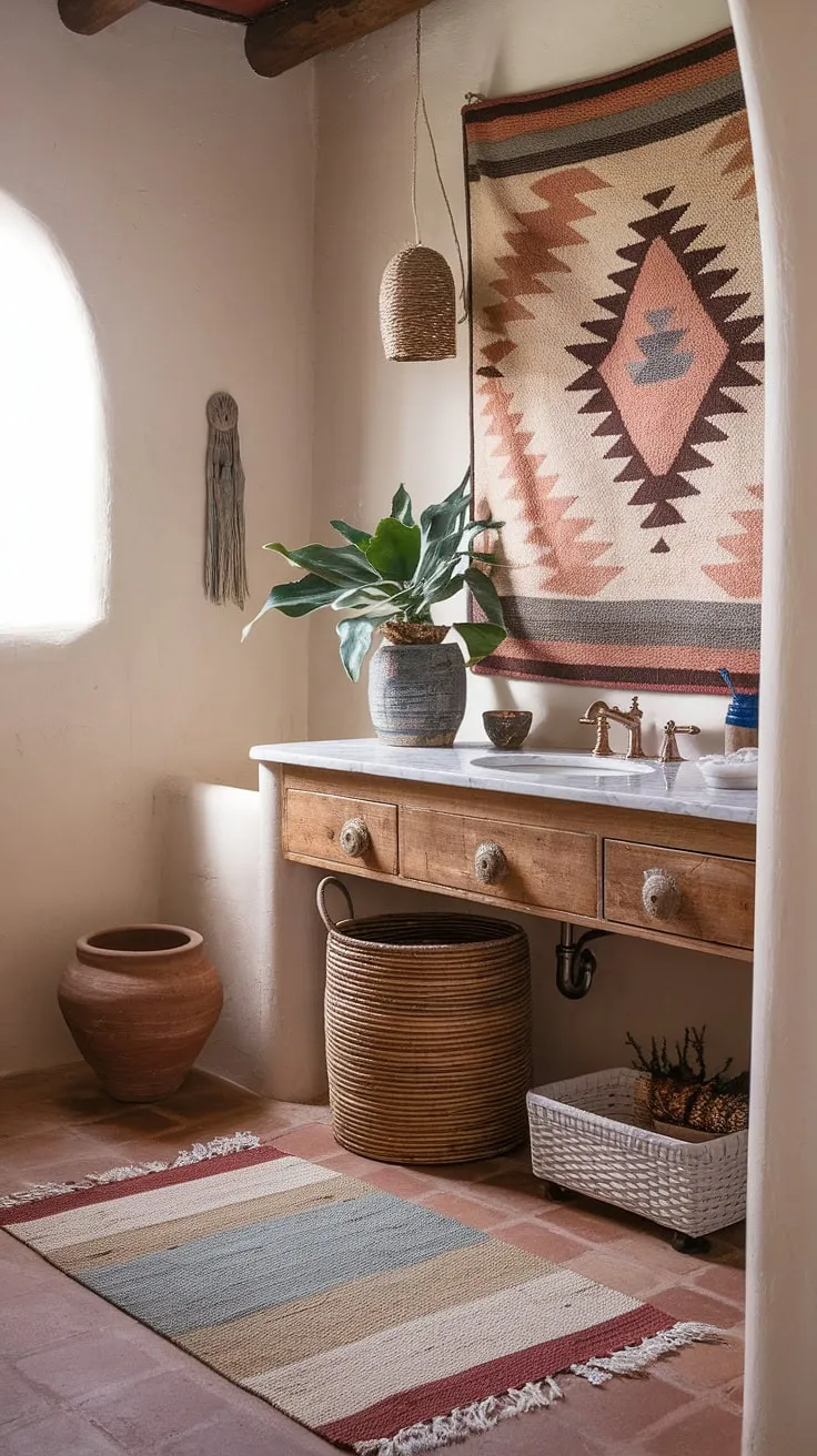 This boho-inspired Southwestern bathroom is a dream. The rich terracotta tones, complemented by the marble vanity and woven accents, create a calming and inviting atmosphere. Every detail, from the potted plant to the intricately woven tapestry, speaks to a relaxed and luxurious lifestyle. A true haven.
