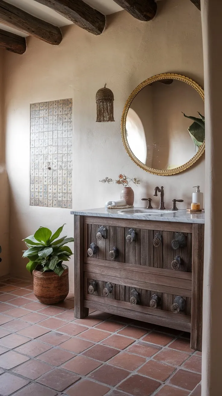 Escape to this tranquil Southwestern retreat. A blend of boho style and hacienda elegance, this bathroom features a stunning marble-topped vanity, decorative tile accents, and a calming atmosphere that invites relaxation. The perfect space to unwind and reconnect.