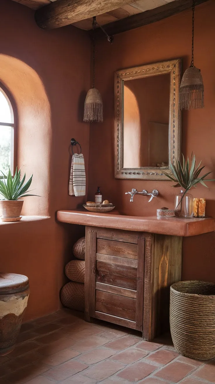 Sun-drenched terracotta walls and a vintage mirror reflect the bohemian spirit of this hacienda bathroom. The rustic sink and wooden cabinet add to the charming, Southwestern aesthetic, creating a tranquil oasis. A touch of greenery completes the scene, perfectly blending Mexican and Spanish design influences.