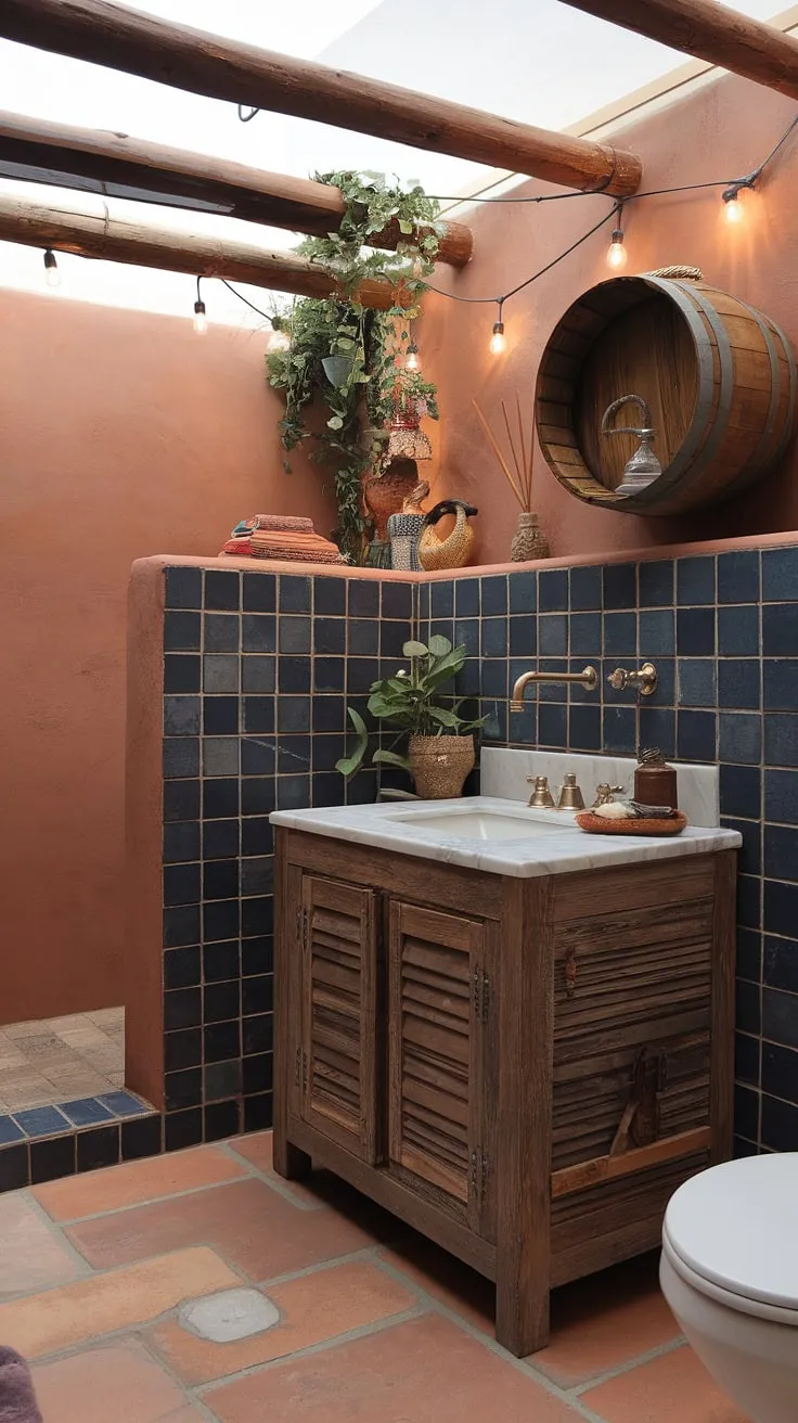 Escape to this Southwestern sanctuary, where rustic wood meets bohemian charm. The terracotta floors, hand-painted tiles, and a touch of greenery create a tranquil oasis perfect for unwinding. A simple yet elegant vanity, complete with a marble countertop, adds a touch of luxury to this inviting space.