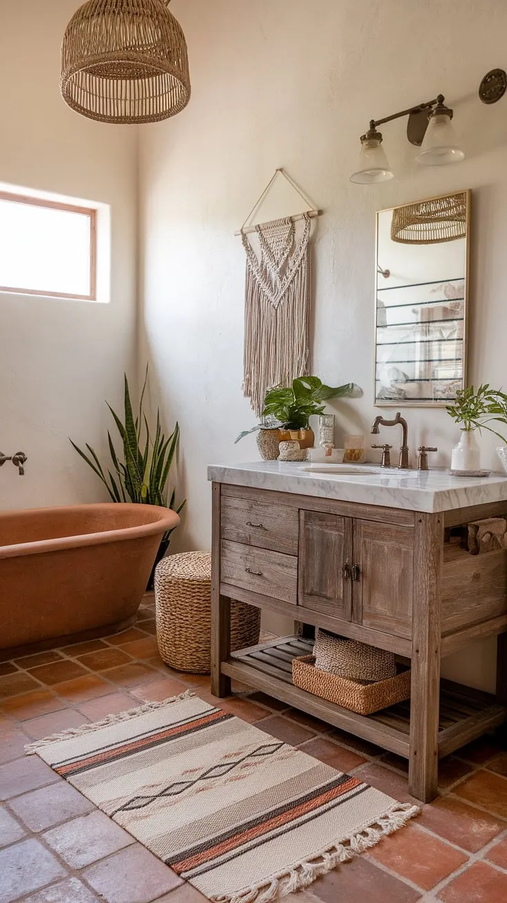 Sun-drenched terracotta floors and a reclaimed wood vanity create a haven of Southwestern charm in this boho bathroom. The hacienda-style tub, marble countertop, and woven accents complete the relaxed, luxurious atmosphere. A perfect blend of rustic and refined.