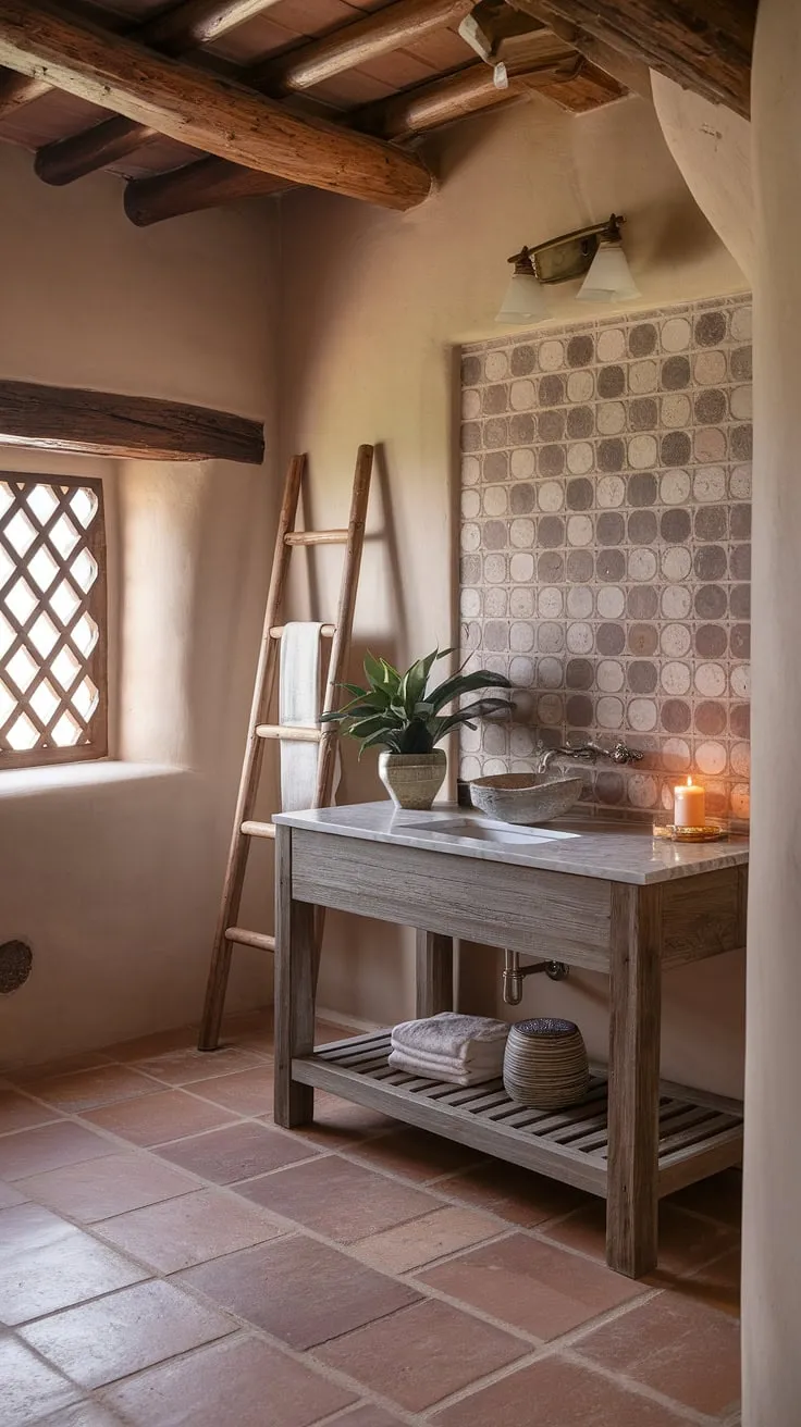 Find your calm in this sun-kissed Southwestern bathroom. The handcrafted wooden vanity, complete with marble countertop and a touch of greenery, adds a touch of bohemian elegance to the rustic terracotta floors. A space designed for mindful moments and quiet reflection.