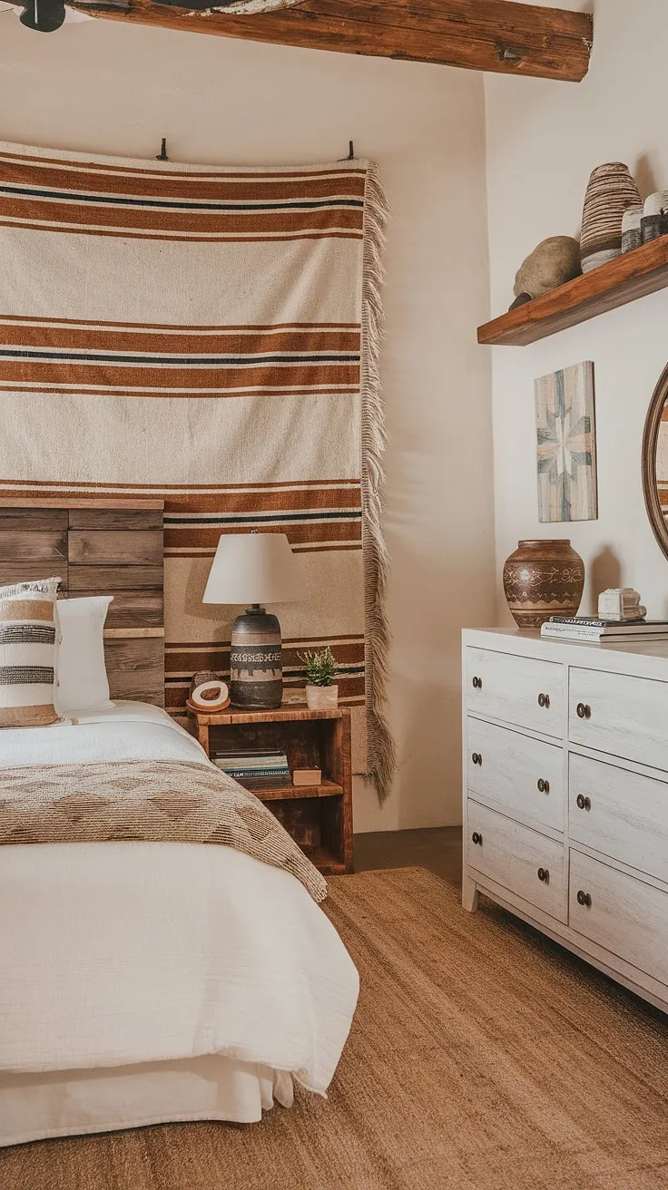 Sun-drenched mornings and starlit nights await in this desert-inspired bedroom. The natural textures and warm tones, complemented by the unique tapestry a, evoke a sense of peaceful serenity.