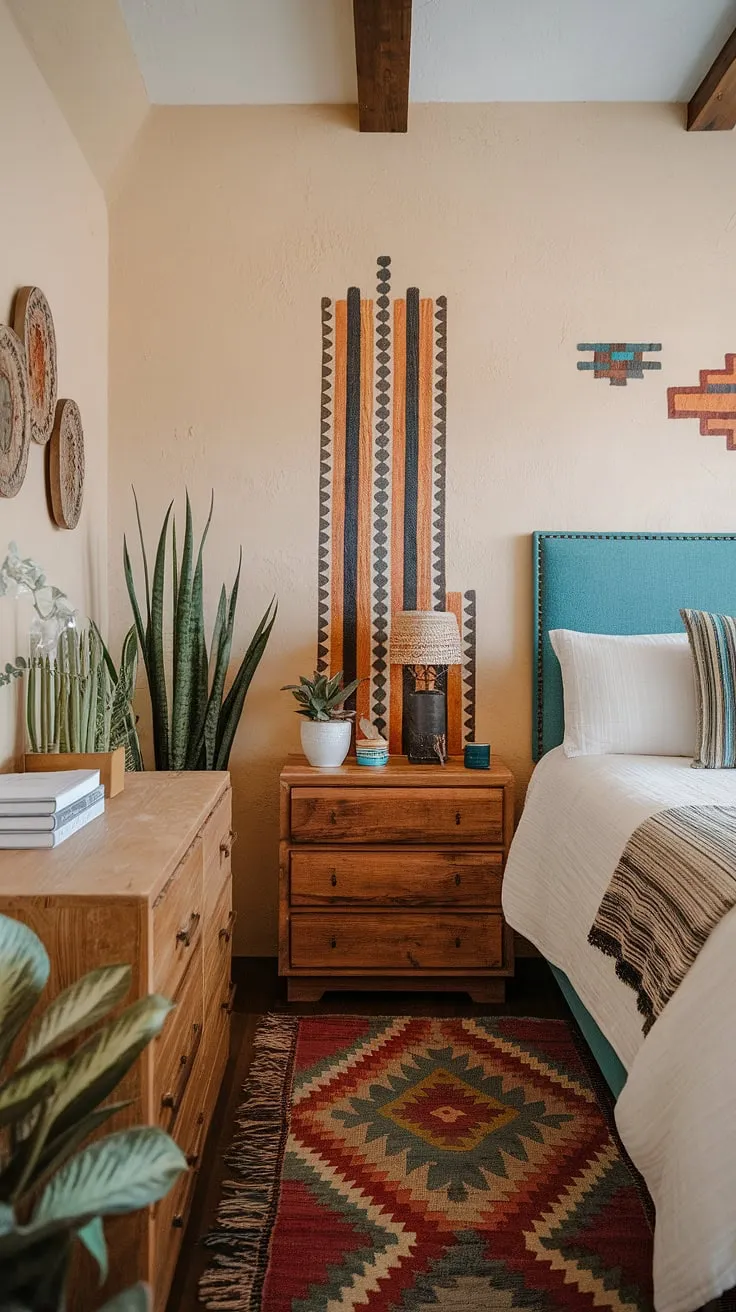 Escape to tranquility in this Southwestern bedroom. The turquoise headboard pops against the calming white bedding, while the traditional patterns and natural wood accents create a serene desert modernism aesthetic. A perfect blend of comfort and style.