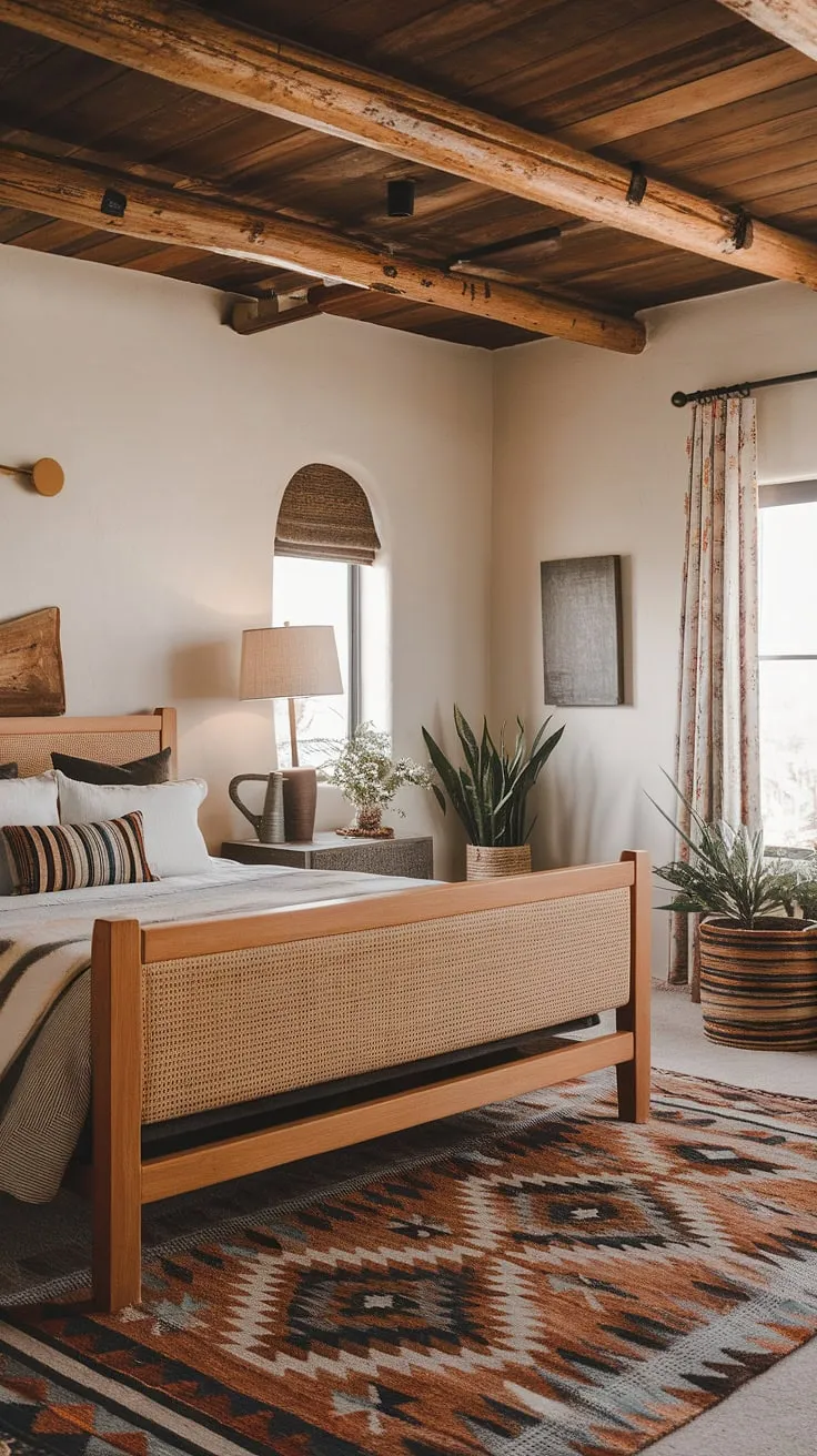 Sunlight streams through the window, illuminating the handcrafted details of this Southwestern-inspired bedroom. The interplay of natural wood, woven textiles, and earthy tones evokes a sense of calm and understated luxury, a true sanctuary for rest and rejuvenation.
