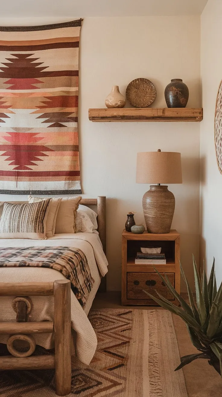 Drift off to sleep in this serene Southwestern bedroom, a blend of rustic Arizona and vibrant Mexican design. The handcrafted wooden bed, adorned with a cozy woven throw, invites restful slumber. A curated collection of artifacts and textiles adds character and warmth, creating a space that feels both authentic and inviting. A true escape.