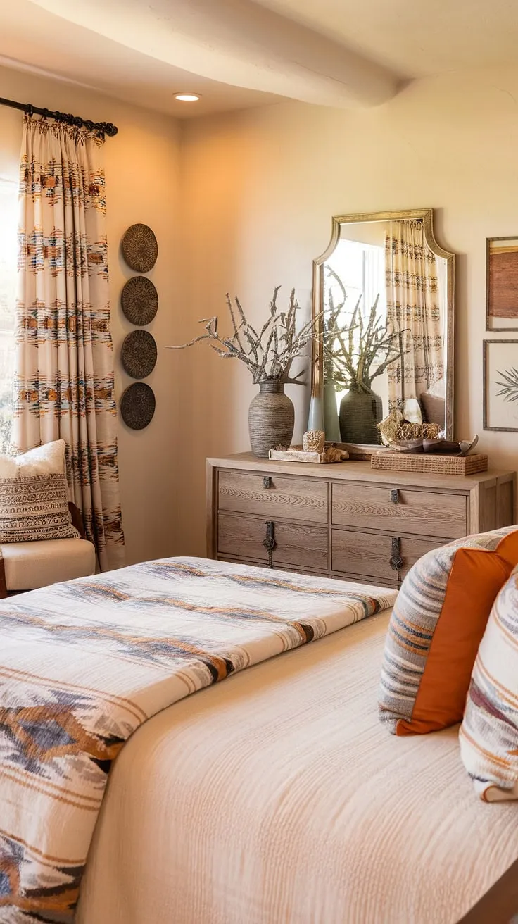 Find your peace in this Arizona-inspired bedroom. The calming beige and white palette is accented with pops of vibrant orange and blue, reflecting the beauty of the desert landscape. A comfortable haven, perfect for unwinding after a day exploring the Southwest. A truly unforgettable guest experience awaits.