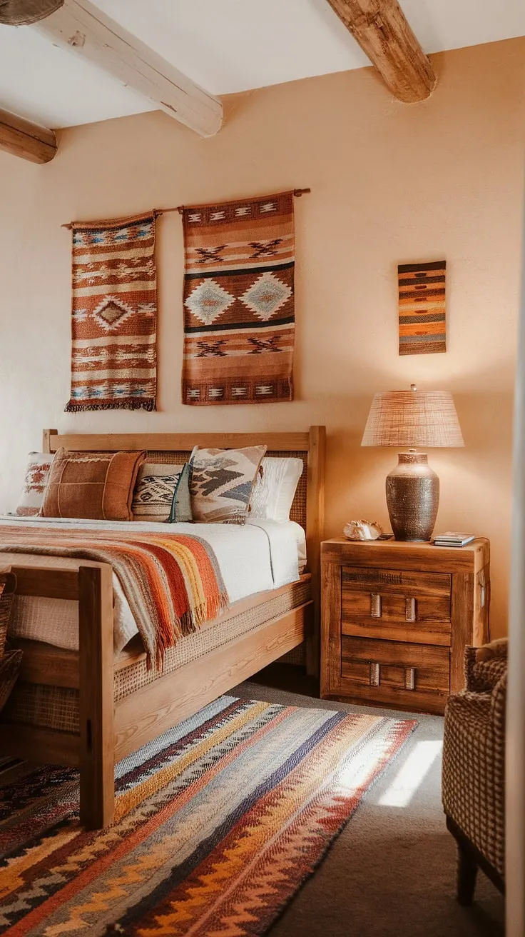 Drift off to sleep in this Southwestern sanctuary, where the warm hues and handcrafted details create a haven of tranquility. The rich textures and traditional patterns transport you to the heart of the desert, promising restful nights and sun-drenched days. A perfect blend of comfort and authentic style.