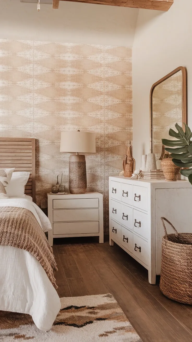 Sunlight streams through the window, illuminating the serene Southwestern charm of this bedroom. The textured walls, woven blanket, and natural wood create a calming desert modernism aesthetic, a perfect sanctuary for rest and rejuvenation. A simple elegance pervades the space, reflecting a mindful approach to design.