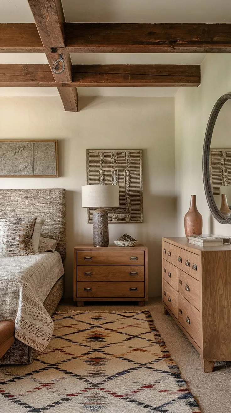 This Southwestern bedroom is a masterclass in understated elegance. A carefully curated collection of textures and patterns-from the wooden beams to the intricately designed rug-creates a calming and inviting atmosphere. A testament to the beauty of simple, yet impactful design.