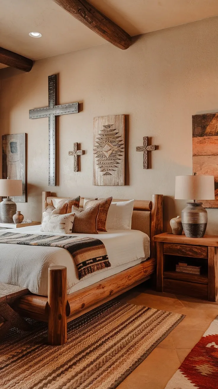 Find your serenity in this cozy Southwestern bedroom. The rich textures of the woven rug and wooden furniture, combined with the calming desert hues and the spiritual touch of the crosses, create a space that's both inviting and deeply restful. A perfect escape.