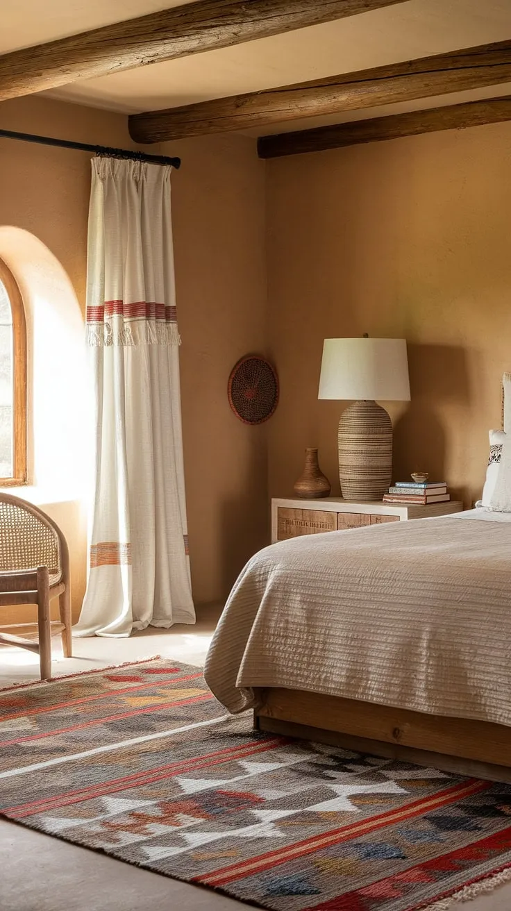 Wake up to the sun-drenched beauty of the Southwest in this tranquil bedroom. The handwoven textiles and rustic wooden accents create a warm and inviting atmosphere, perfect for unwinding after a day exploring the desert landscape. A king-sized bed promises restful nights, while the geometric rug adds a touch of vibrant Southwestern style.