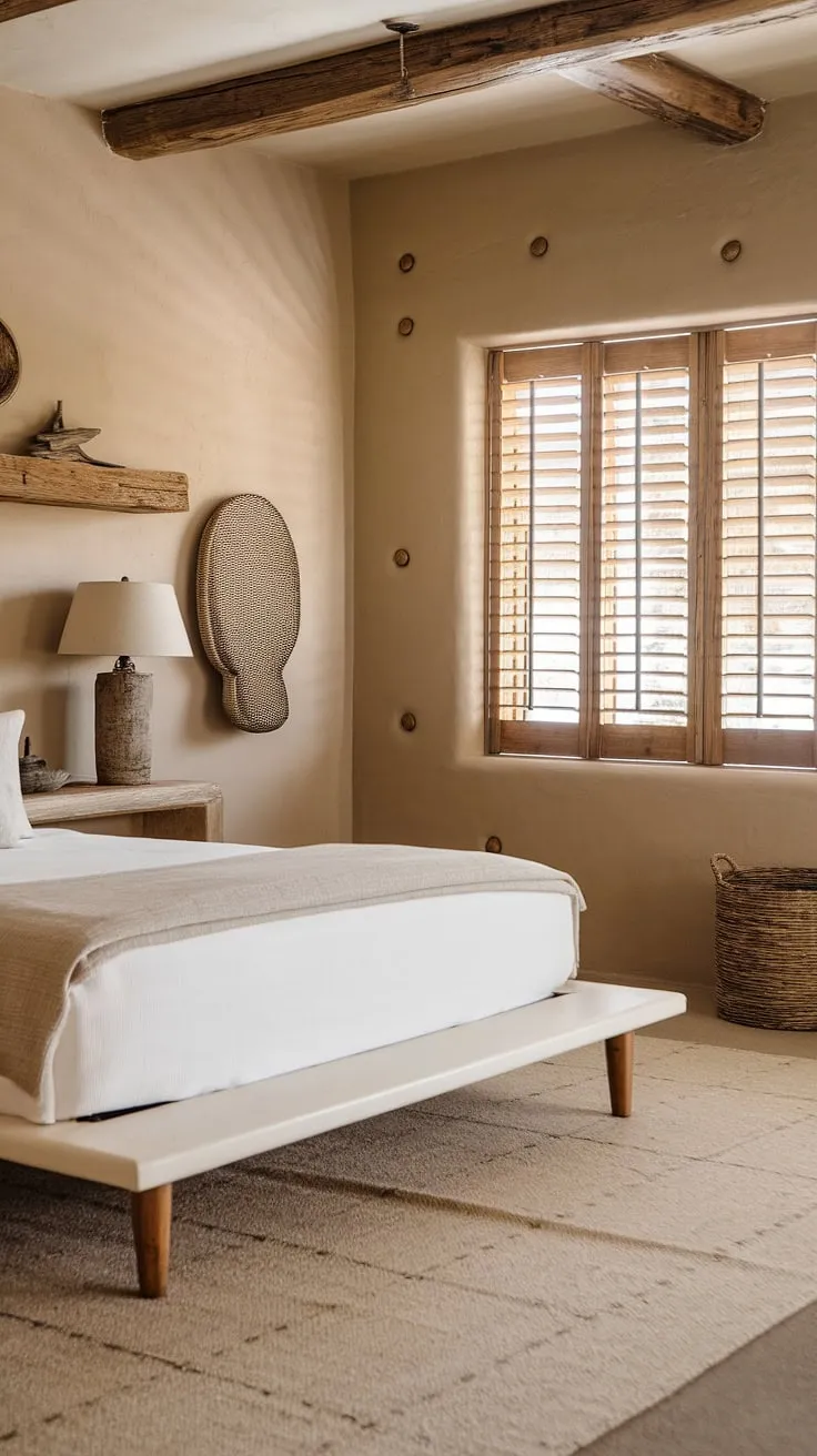 Desert modernism meets rustic charm in this serene southwestern bedroom. The natural light streaming through the wooden shutters illuminates the minimalist design, creating a tranquil escape. A simple platform bed and carefully chosen accents complete the space, offering a sense of calm and understated elegance.