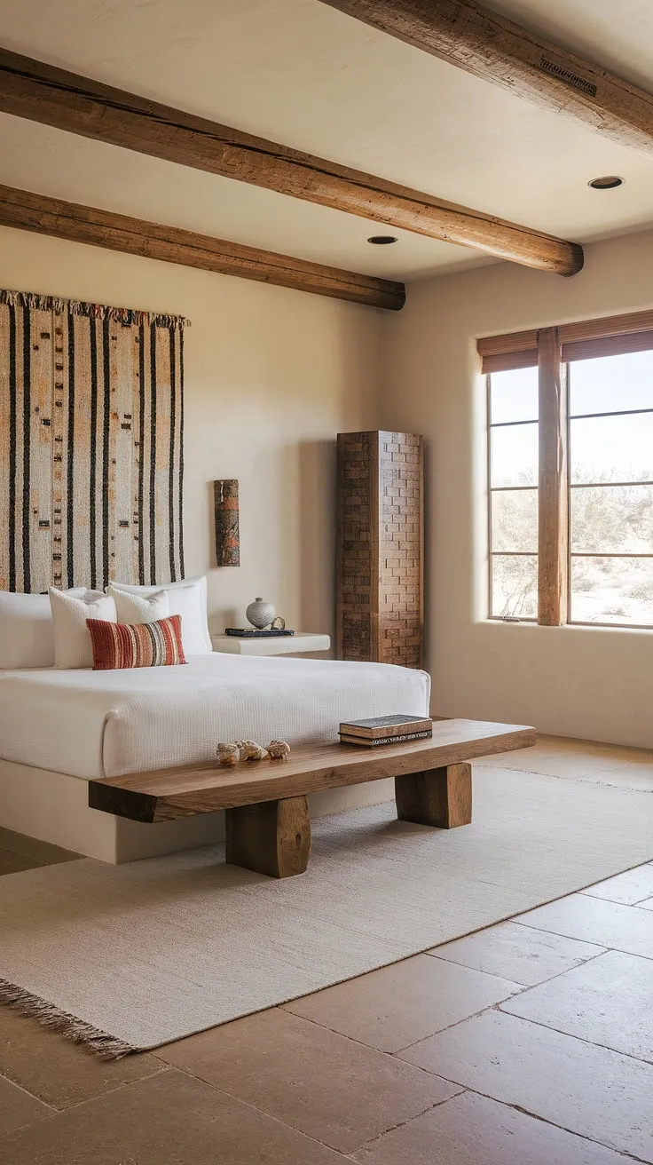 Sunlight streams through the large window, illuminating the handcrafted wooden furniture and the minimalist elegance of this southwestern bedroom. The interplay of textures-from the woven textile to the smooth white bed-creates a space that is both sophisticated and inviting. A perfect blend of comfort and style.