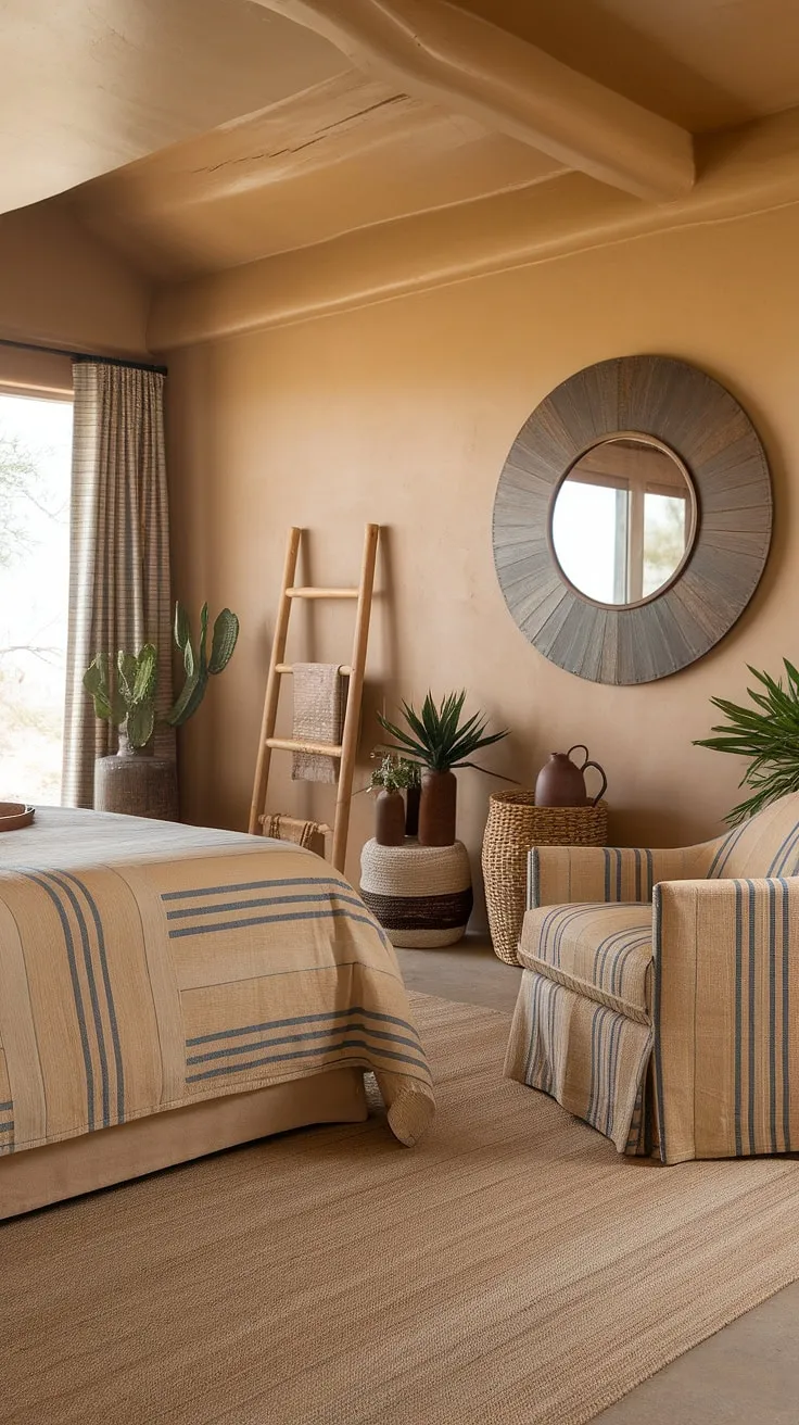 Desert modernism meets tranquil escape. The warm beige walls and blue and beige striped textiles create a serene Southwestern sanctuary, perfectly complemented by natural textures and the calming presence of plants. A perfect blend of comfort and style.