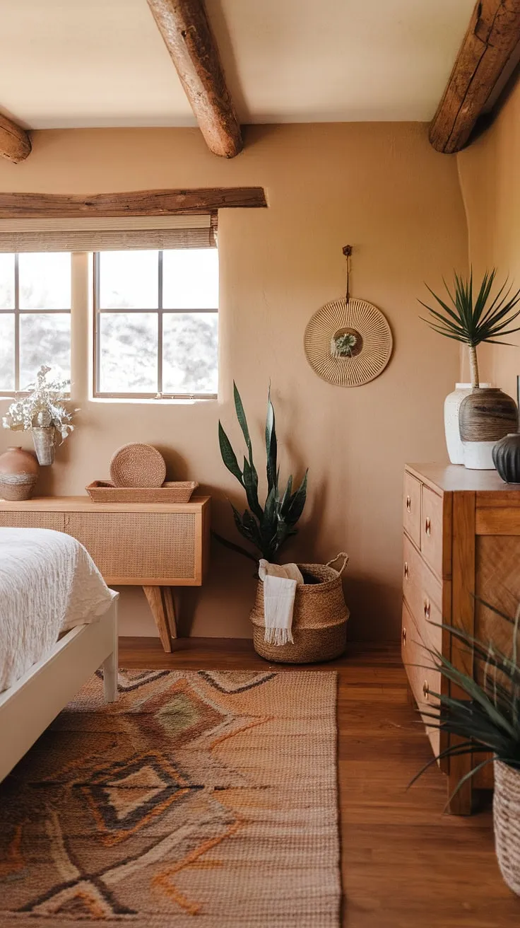 Sunlight streams through the wooden beams, illuminating the calm serenity of this Southwestern bedroom. The natural textures of the woven rug, wooden dresser, and terracotta pot create a space that feels both rustic and refined. A perfect blend of comfort and desert charm.
