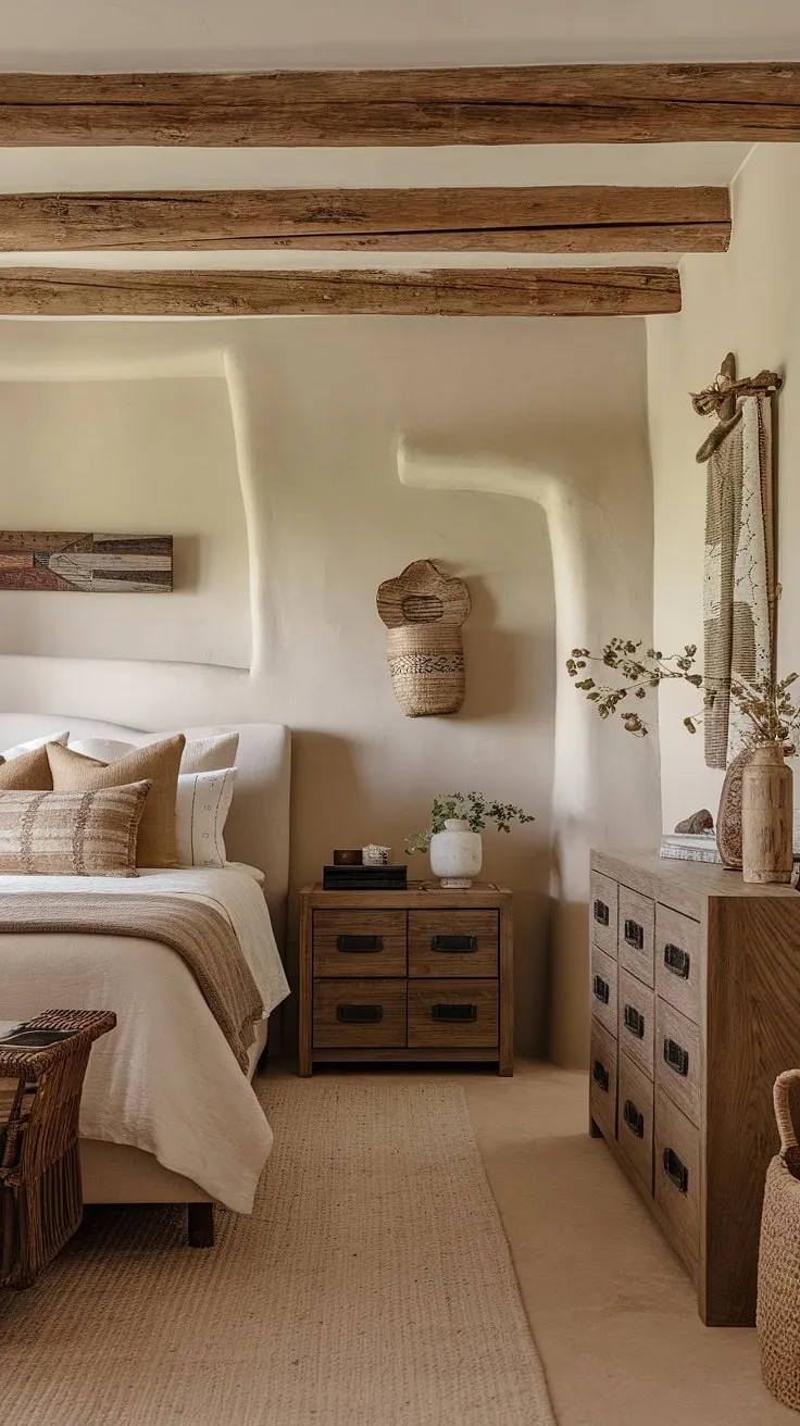 Find your calm in this Southwestern haven. The warm, inviting space, with its natural wood accents and stone wall, offers a sense of rustic elegance. The carefully curated decor, including the woven basket and wooden cross, adds a touch of handcrafted charm, creating a bedroom that's both beautiful and deeply relaxing.