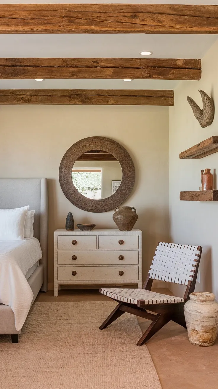 Desert modernism meets Southwestern charm in this tranquil bedroom. The rustic wooden beams and woven chair add warmth, while the clean lines of the white furniture and large round mirror create a sense of airy calm. A perfect blend of textures and styles for a truly unique space.