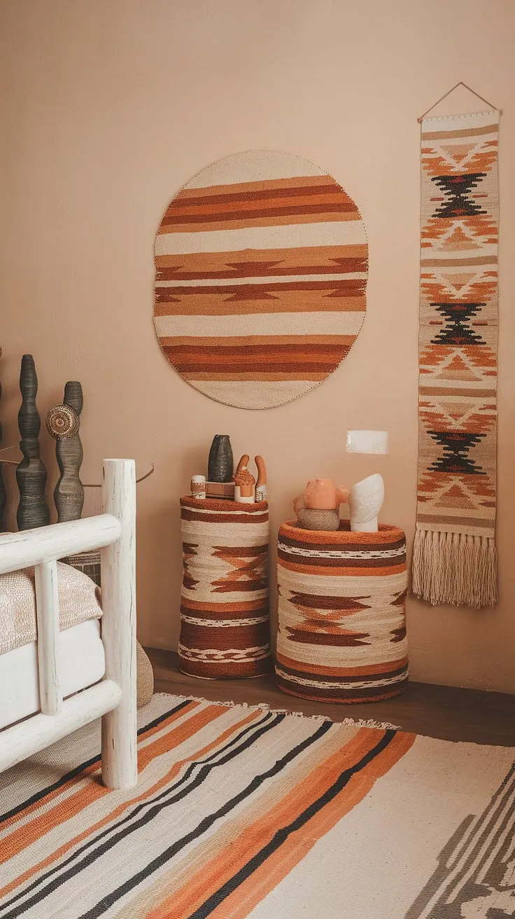 A sanctuary of calm awaits. This southwestern-inspired bedroom is a testament to understated elegance. The soft beige walls, the rich orange and beige accents, and the carefully curated furniture create a space that is both relaxing and visually stunning. A true haven of peace and quiet.