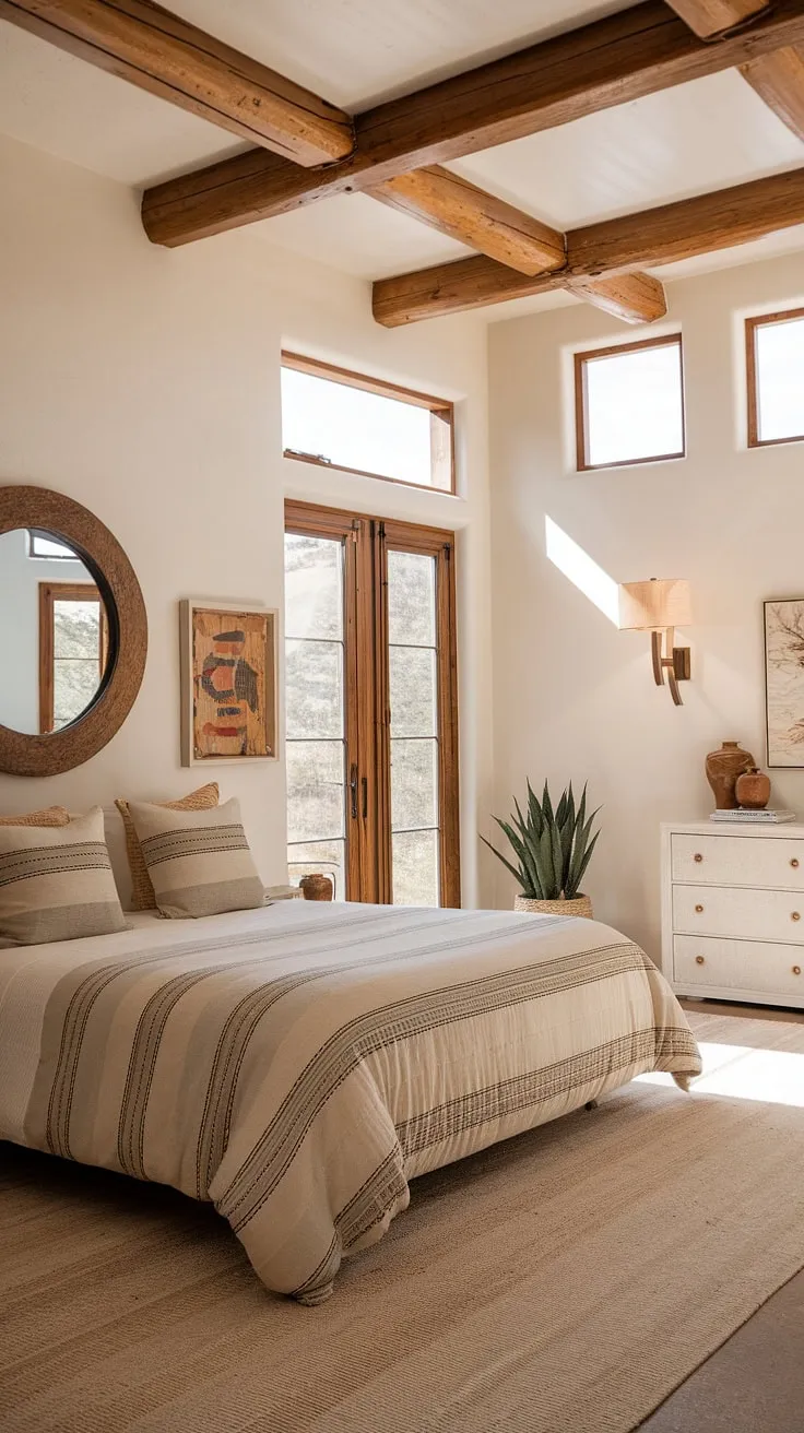 Wake up to breathtaking desert views in this serene Southwestern bedroom. The high ceilings, natural light, and earthy tones create a tranquil escape, perfectly blending rustic charm with modern comfort. A perfect sanctuary for rest and rejuvenation.