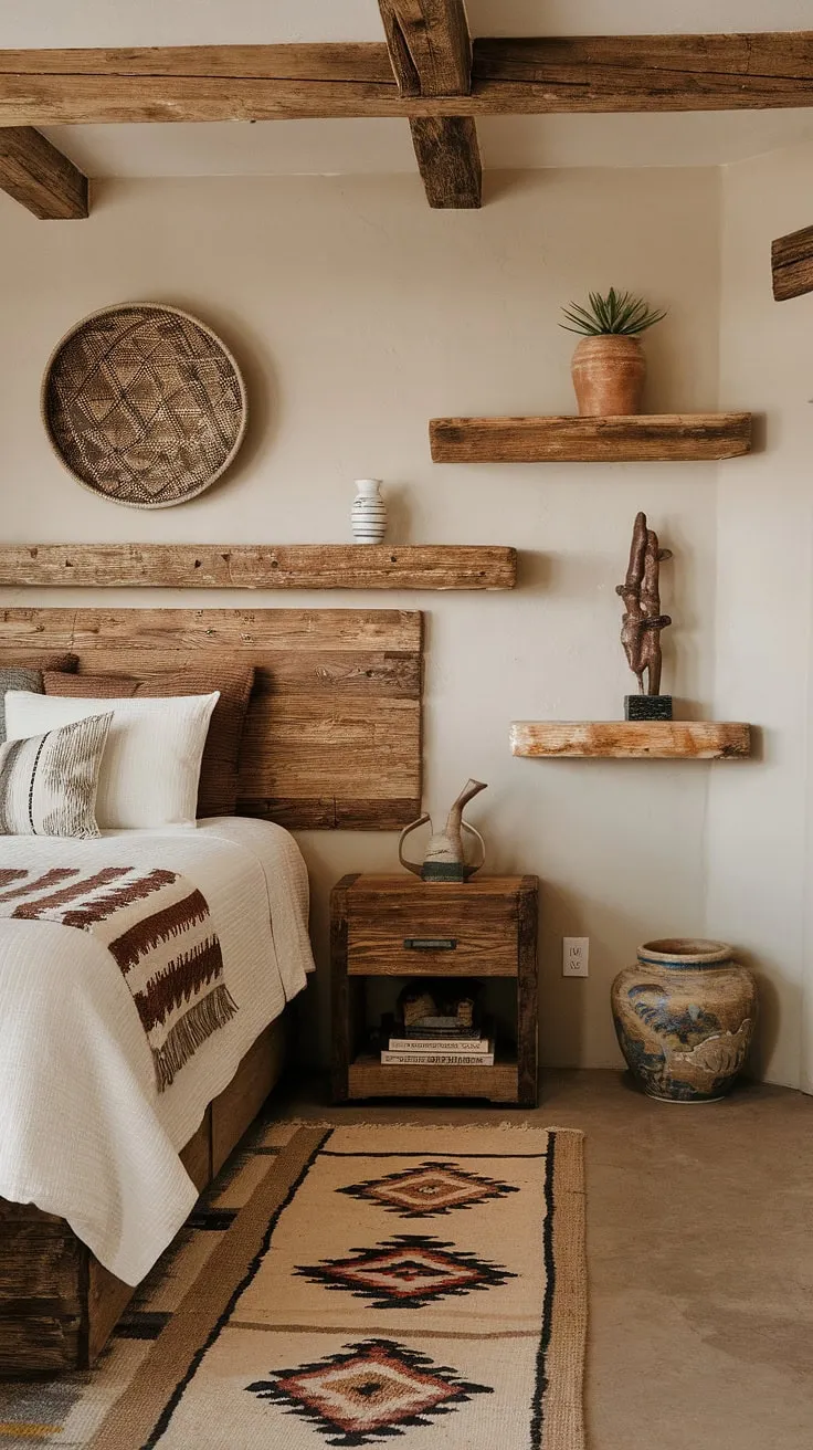 Wake up to the serenity of the desert. This southwestern bedroom, with its rustic wooden beams and handcrafted details, offers a tranquil escape. The geometric rug and carefully curated decor create a space that's both modern and deeply connected to nature. A perfect blend of comfort and artistry.