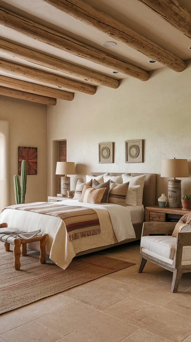 Wake up to the serenity of the Southwest in this rustic bedroom. The warm beige walls, wooden beams, and handcrafted furniture create a tranquil escape, perfect for unwinding after a day exploring the desert landscape. A woven blanket adds a touch of texture and warmth, while the carefully chosen décor evokes the spirit of the American Southwest.