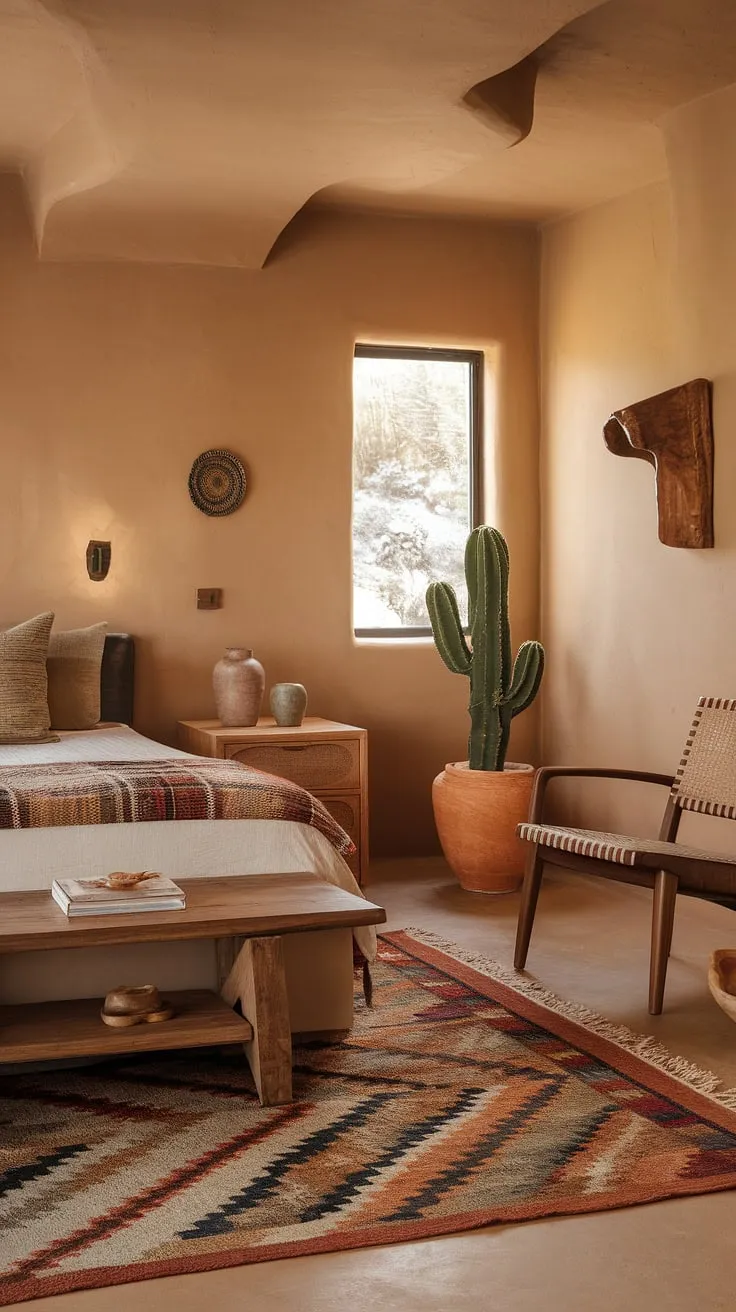Sun-drenched serenity. This southwestern bedroom, with its earthy tones and handcrafted details, offers a tranquil escape. The woven textures and natural materials create a space that feels both modern and deeply connected to the desert landscape. A perfect blend of comfort and understated elegance.
