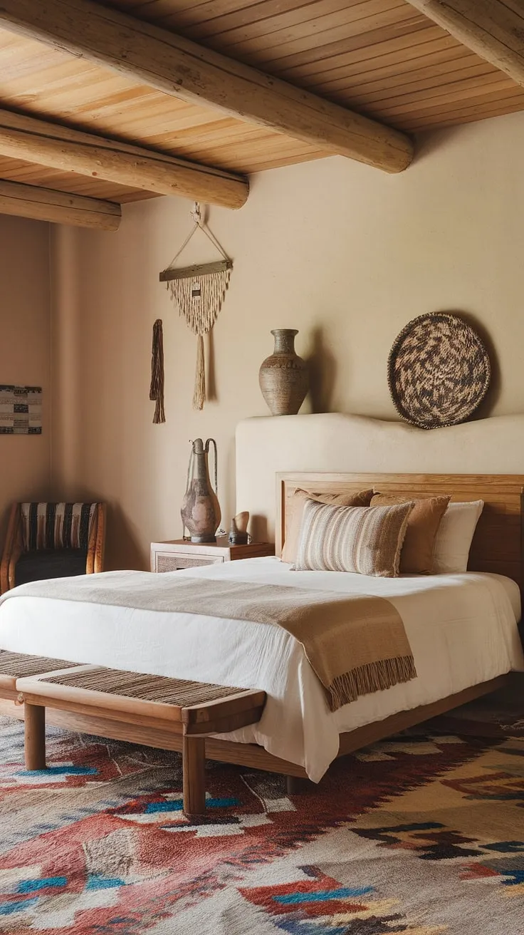 Wake up to the serenity of the Southwest in this tranquil bedroom. The warm wood tones, hand-woven textures, and earthy pottery create a space that feels both rustic and refined. A perfect blend of comfort and authentic desert style.