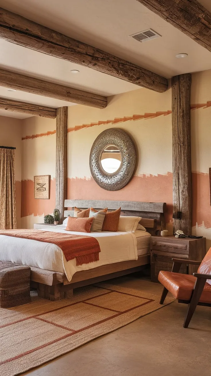 Drift off to sleep under the warm glow of the Arizona sun, reflected in the circular mirror of this stunning Southwestern bedroom. The handcrafted wooden furniture and woven textures create a space that's both inviting and uniquely Arid. A testament to the beauty of the desert landscape.