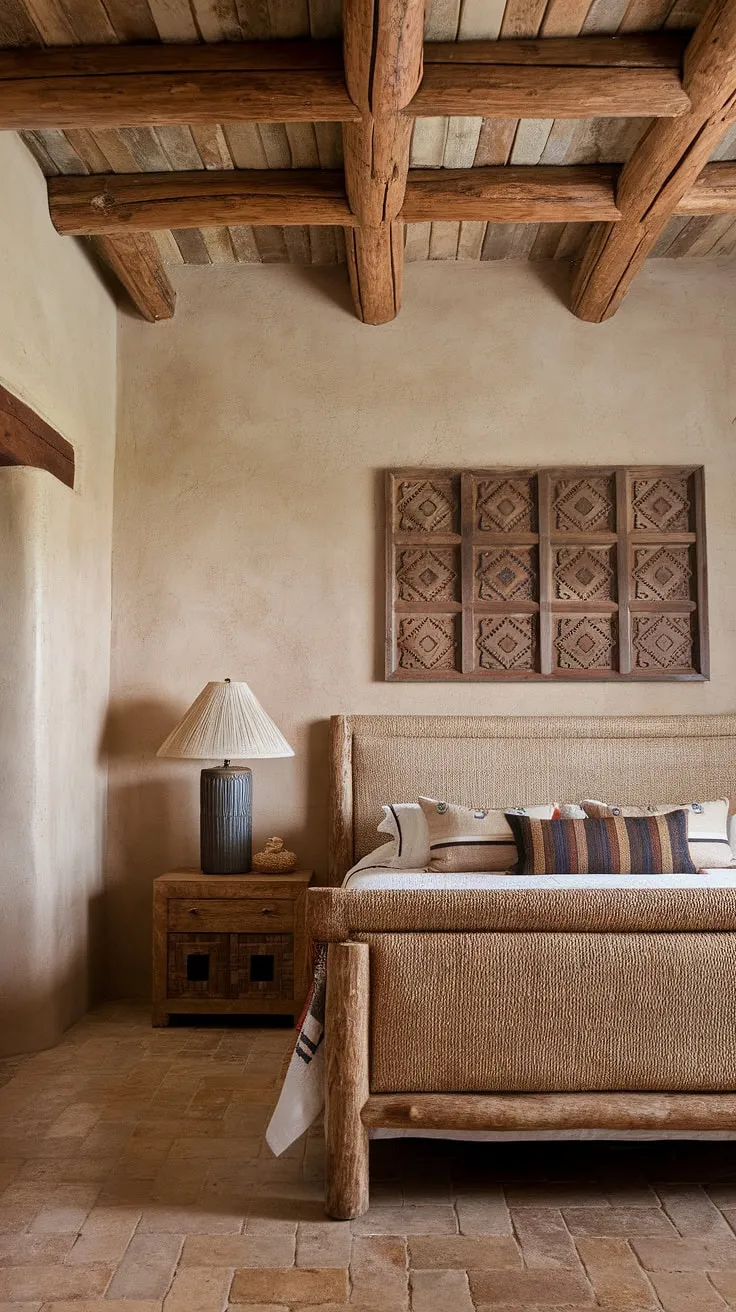 Sun-drenched mornings and starlit nights await in this beautifully appointed southwestern bedroom. The natural textures of the stone walls and wooden beams create a calming atmosphere, complemented by the rich terracotta floors and rustic wooden furniture. The woven headboard and geometric wall art add a touch of handcrafted artistry, reflecting the spirit of the desert. A true sanctuary of desert modernism and Mexican design.