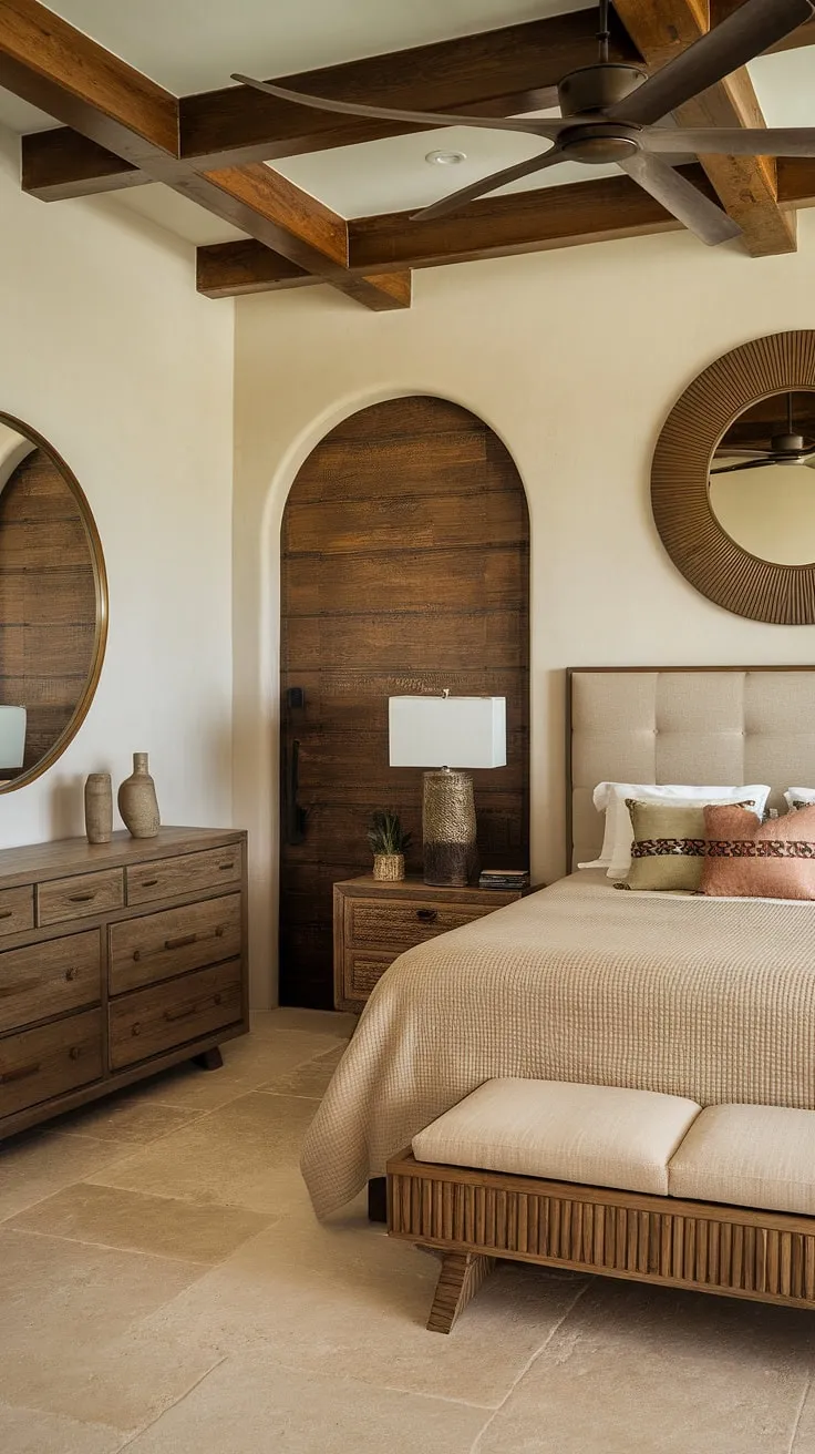 Desert calm meets modern comfort. The warm tones of the wood, the subtle textures, and the expansive arched doorway create a sanctuary of tranquility. This southwest bedroom is a masterclass in understated elegance.