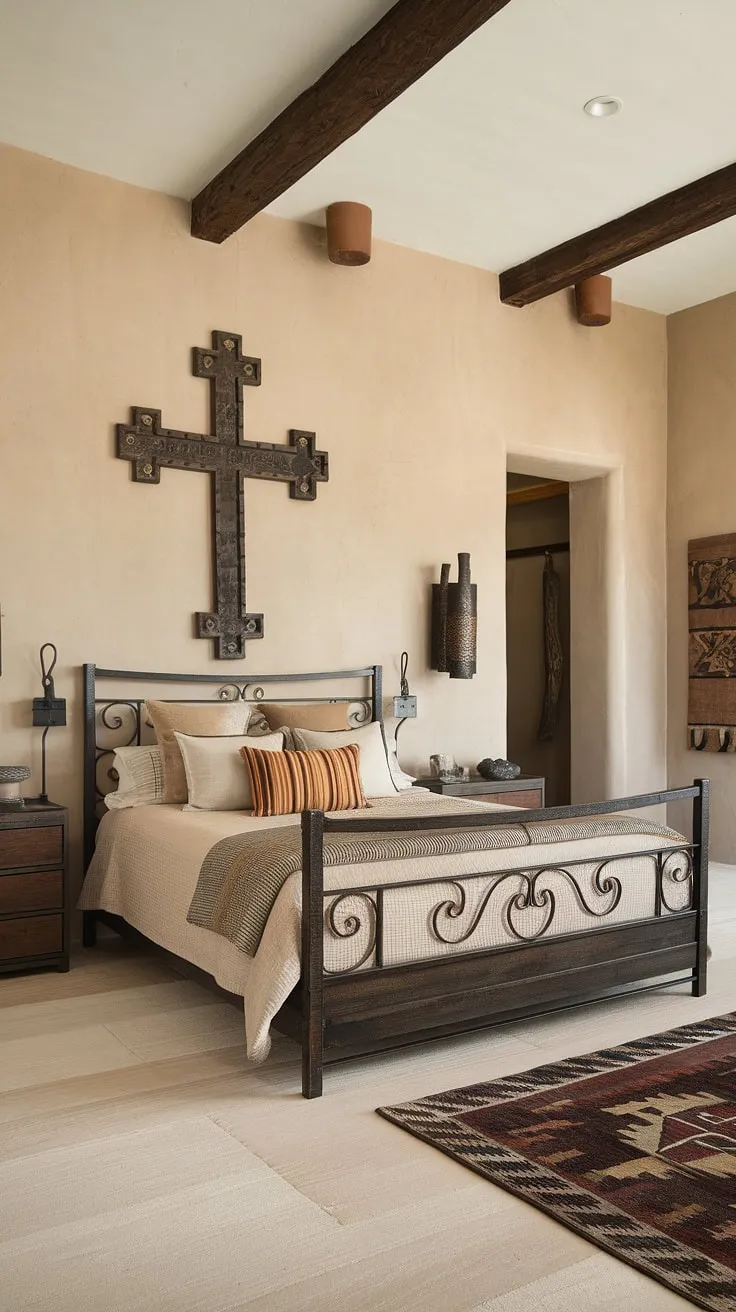 This bedroom is a sanctuary of Southwestern style. The dark wood accents, the handcrafted cross, and the carefully chosen rug all contribute to a space that feels both sophisticated and deeply connected to the natural beauty of the desert landscape. A perfect blend of comfort and artistry.